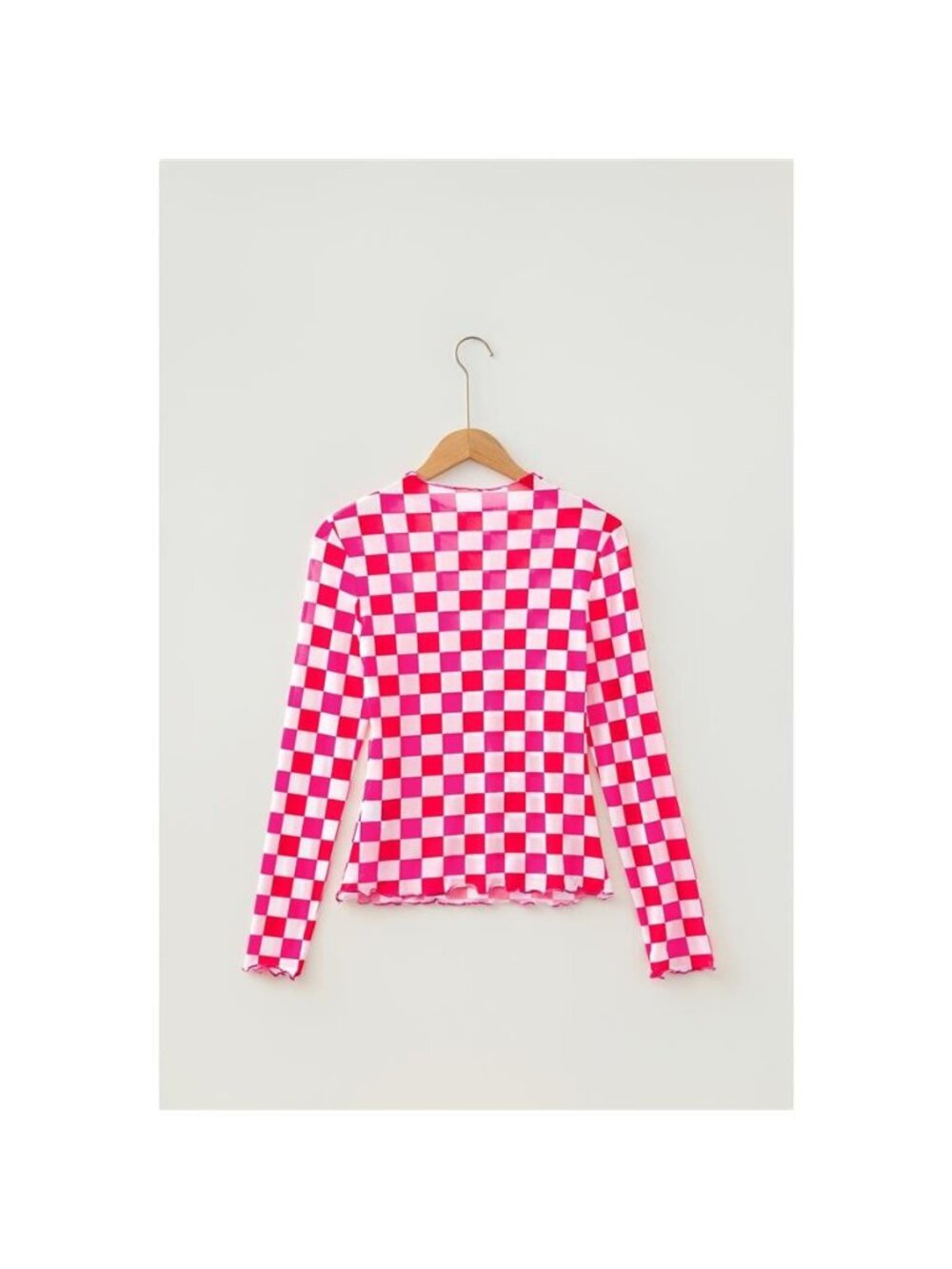 Plaid Heart Mesh Sheer Long Sleeve High Neck Top - Picture 5 of 14